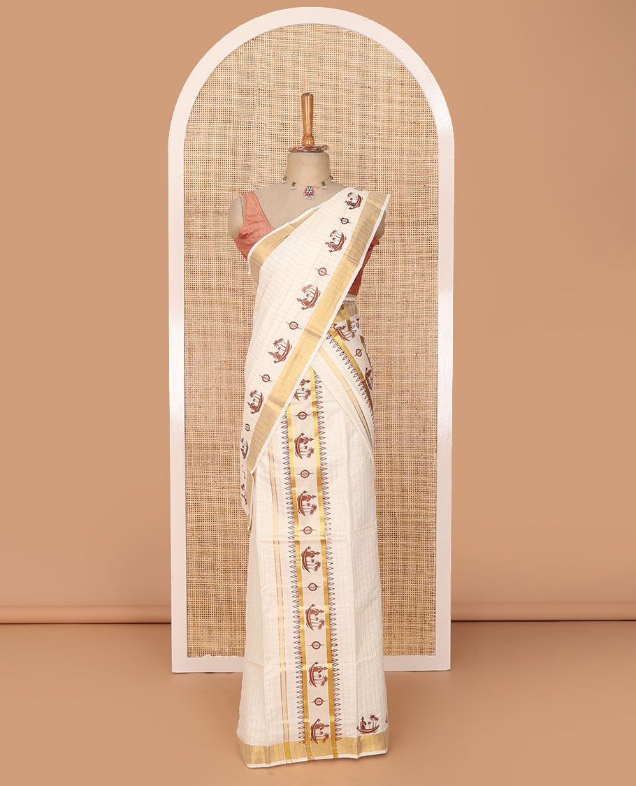 Cream striped & keral motifs printed Kerala mundu set with zari border