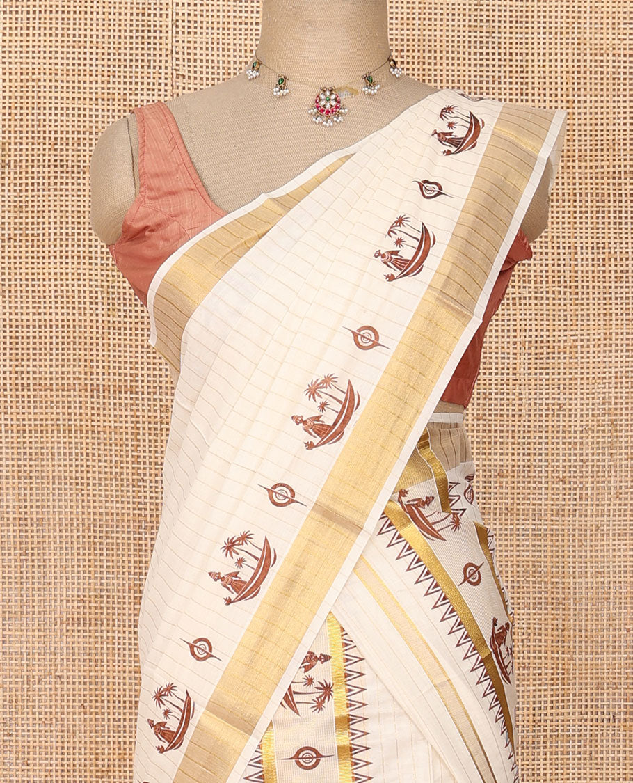 Cream striped & keral motifs printed Kerala mundu set with zari border