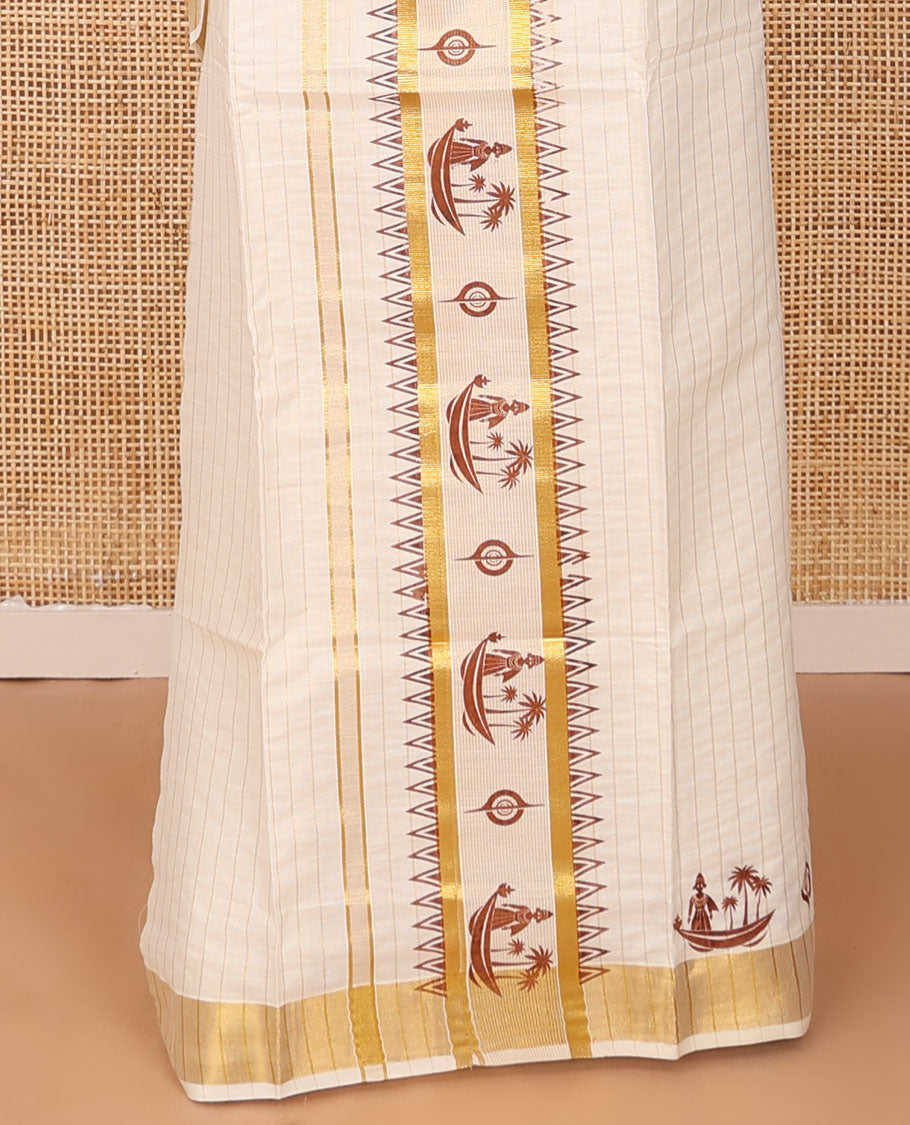Cream striped & keral motifs printed Kerala mundu set with zari border