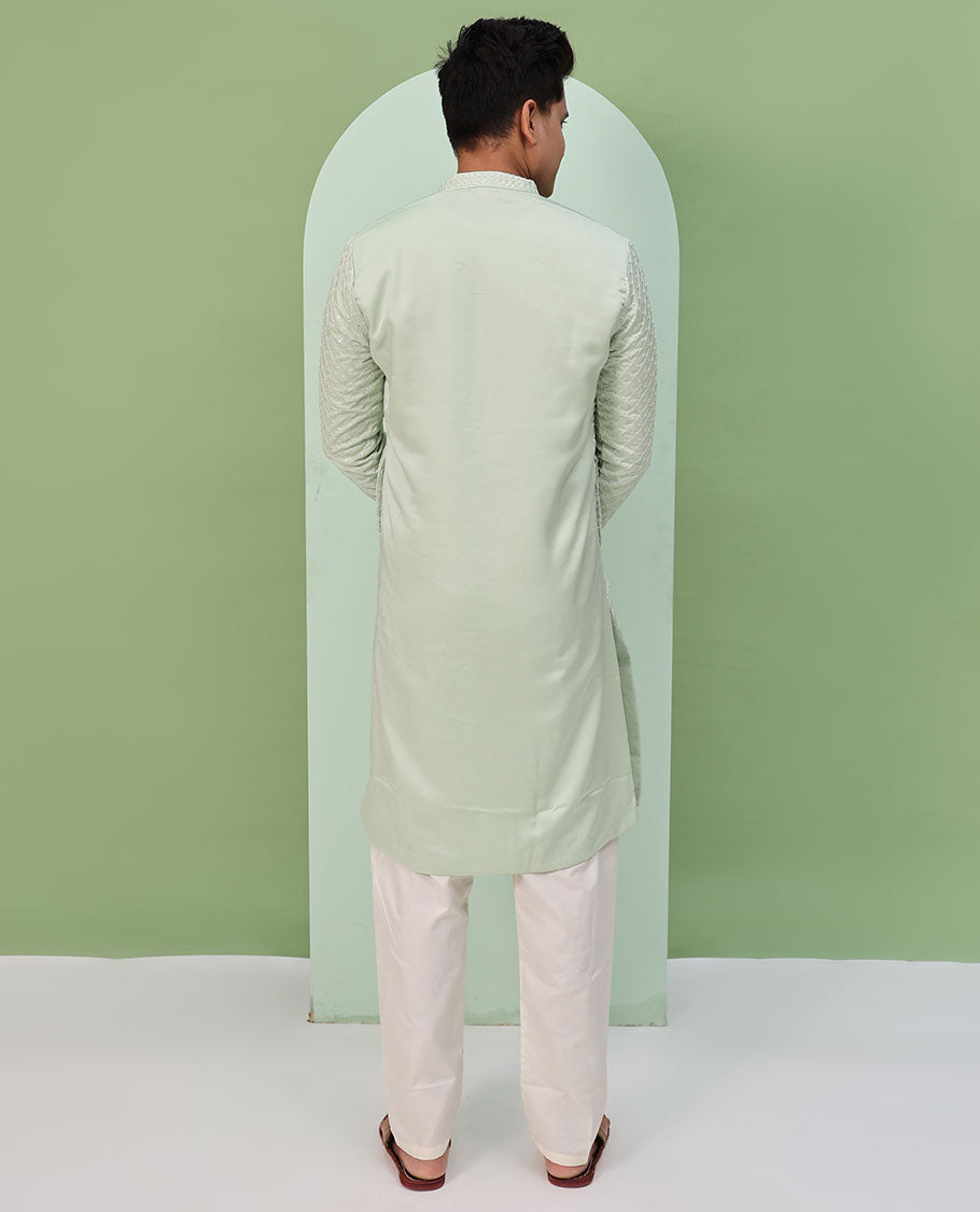 Pastel green sequin argyle embroidered full-sleeved kurta