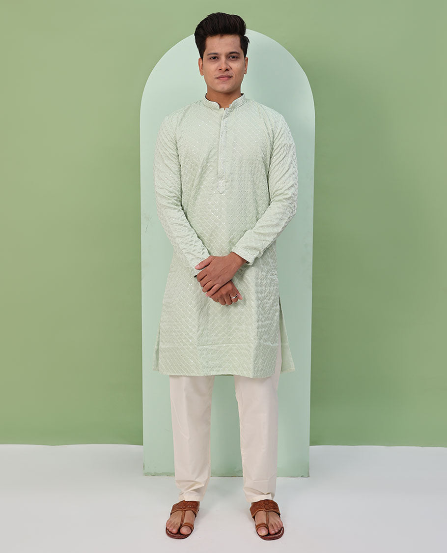 Pastel green sequin argyle embroidered full-sleeved kurta