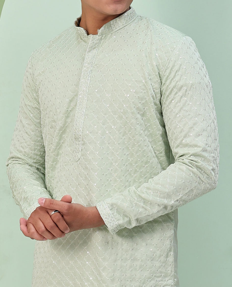 Pastel green sequin argyle embroidered full-sleeved kurta