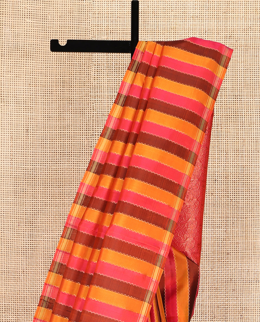 Multi-color Mayuri Soft Silk Saree, Elevated with Rangat-Style Stripes and Neli Stripes On Its Body, Subtle Zari Border, Floral Jaal Pallu, and Paired with a Matching Blouse