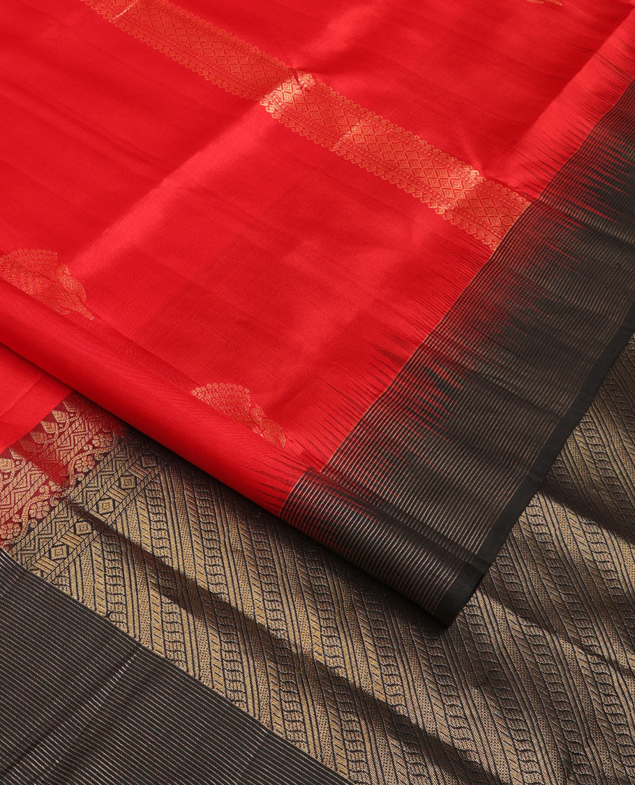 Red zari buttas soft silk saree, contrast thazampoo rekku striped border & pallu of geometric designs
