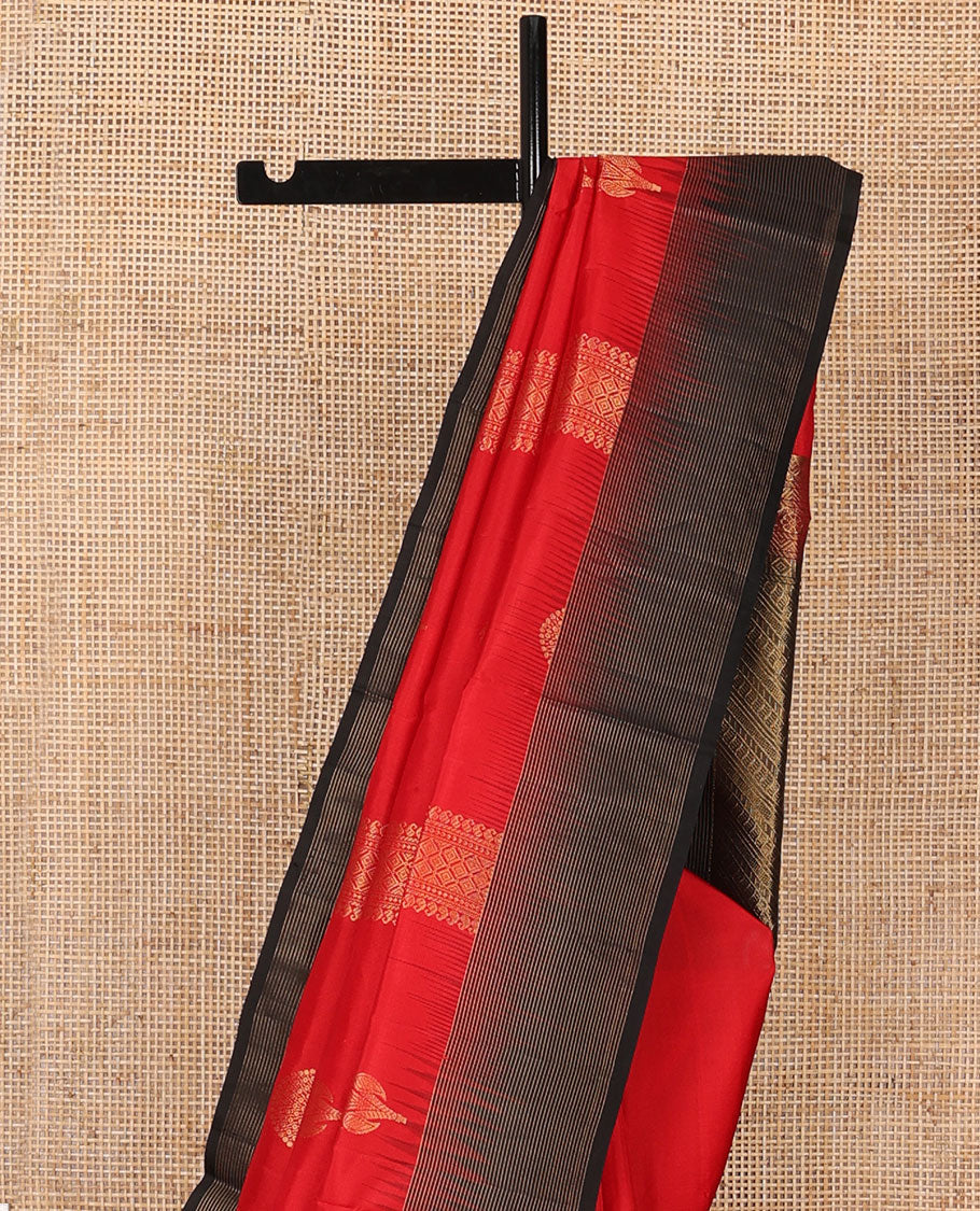 Red zari buttas soft silk saree, contrast thazampoo rekku striped border & pallu of geometric designs