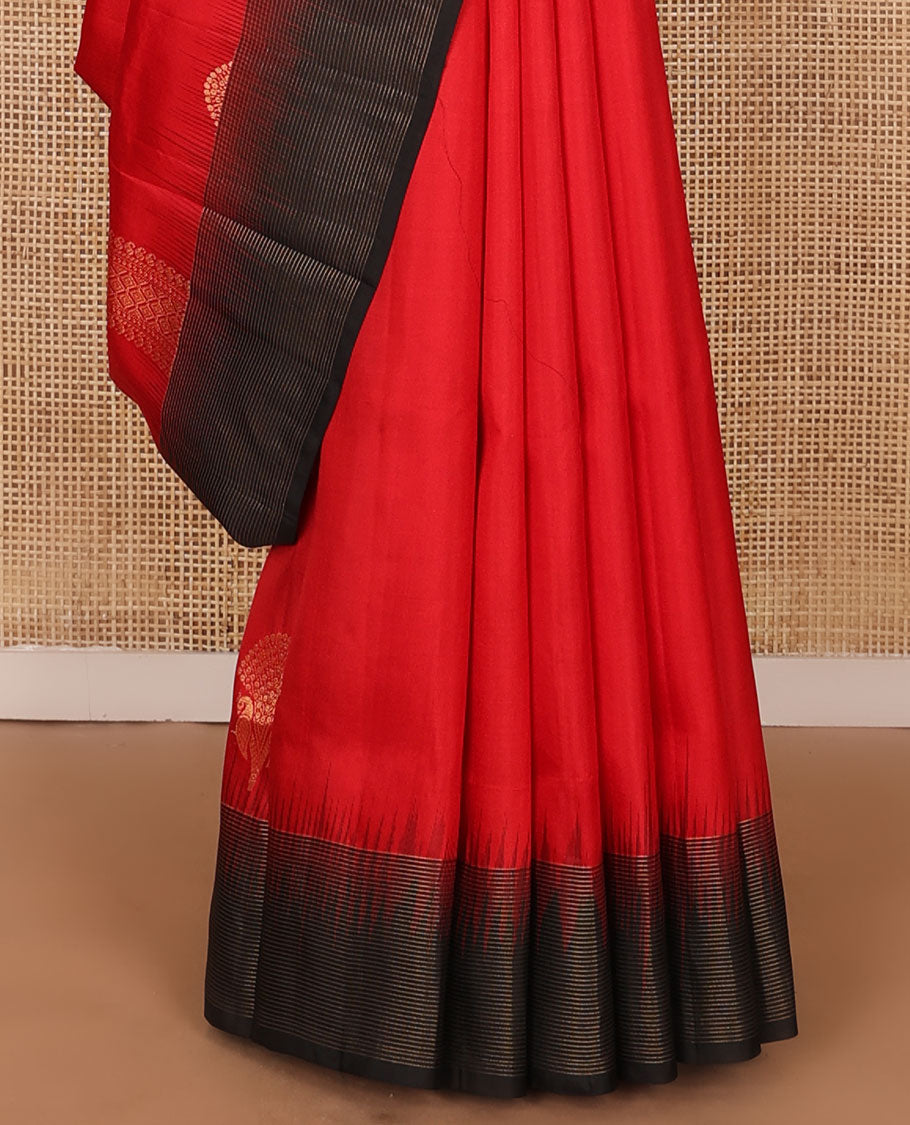 Red zari buttas soft silk saree, contrast thazampoo rekku striped border & pallu of geometric designs