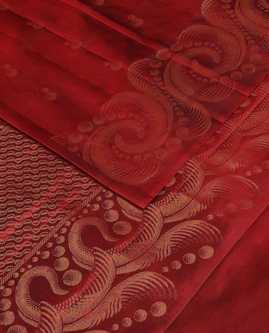 Red soft silk saree with zari buttas, spiral shaped zari woven border & zig-zag striped pallu
