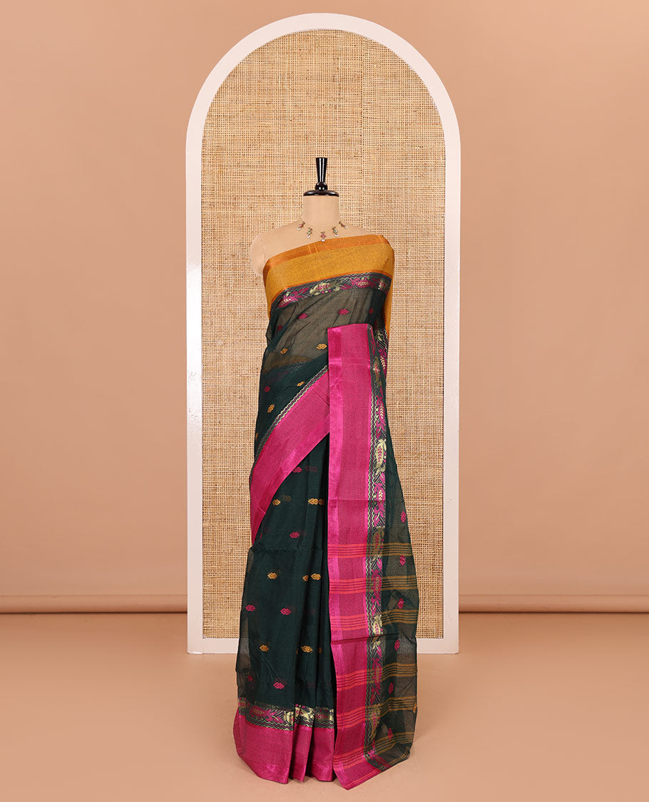 Green buttas woven Bengal cotton saree, contrast ganga jamuna border, and striped pallu