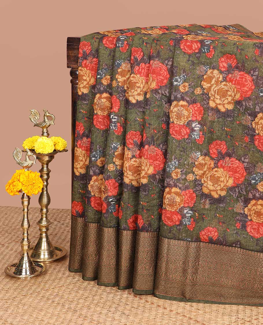 Mehandi green digital print linen saree with banaras style border & chit pallu along with brocade blouse