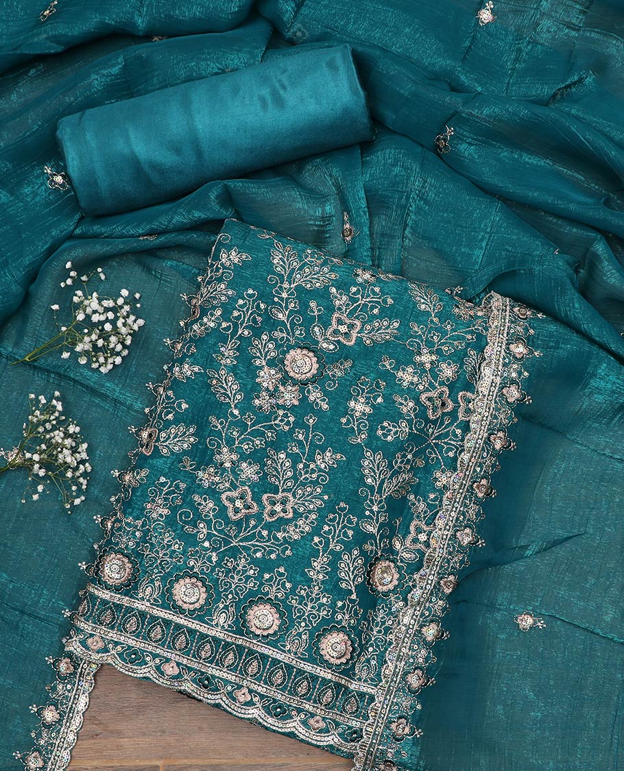 Blue material chudidar set, floral jaal heavy embroidered top, plain bottom and sequins embroidered scallop duppata