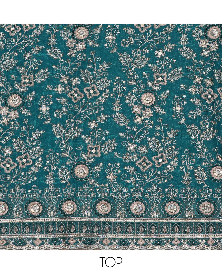 Blue material chudidar set, floral jaal heavy embroidered top, plain bottom and sequins embroidered scallop duppata