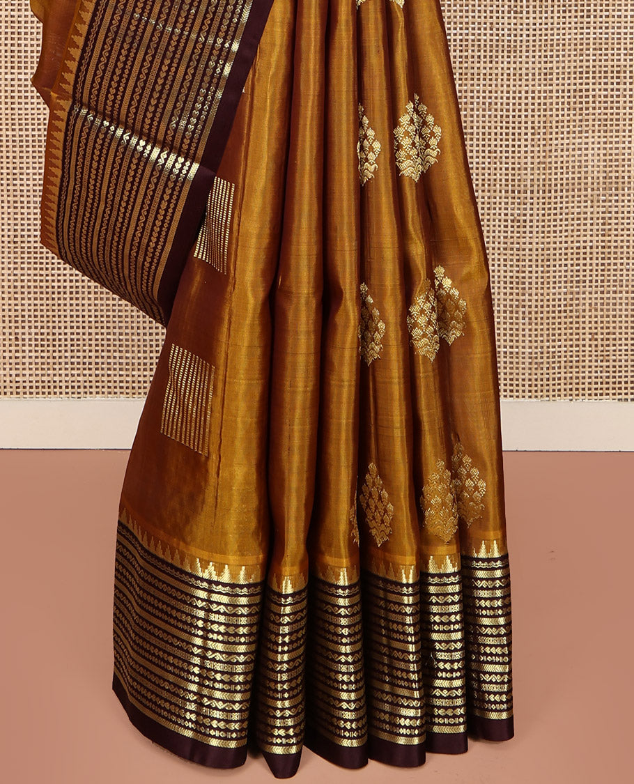 Mustard Venkatagiri Silk Saree, Finely Crafted with Zari Buttas All Over Its Body, Complemented by a Contrast Traditional Zari Design Border, Grand Pallu, and Paired with a Contrast Blouse