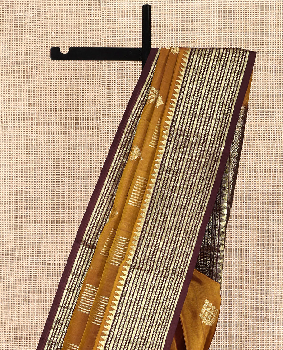 Mustard Venkatagiri Silk Saree, Finely Crafted with Zari Buttas All Over Its Body, Complemented by a Contrast Traditional Zari Design Border, Grand Pallu, and Paired with a Contrast Blouse