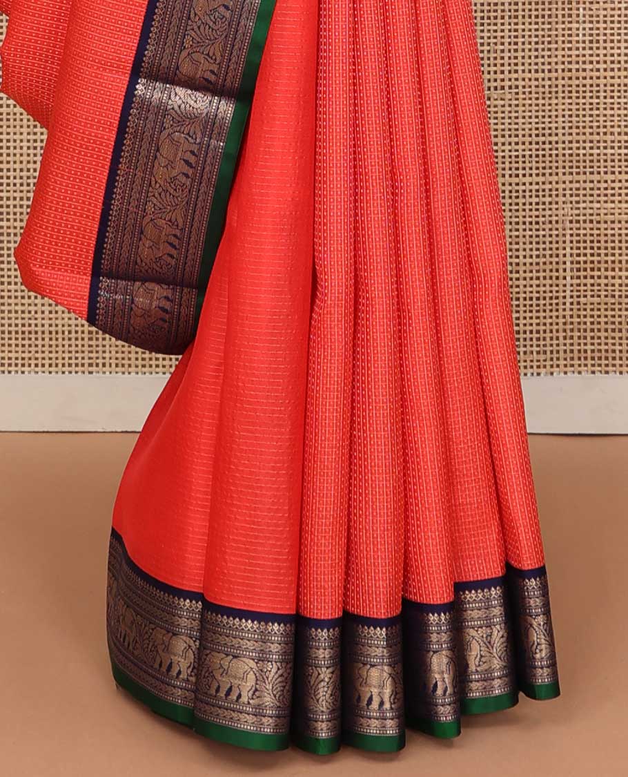 Orange zari micro checked silk saree, contrast border of thilakam mokku, Muthu, kathir and yaanai, and ogee patterned pallu