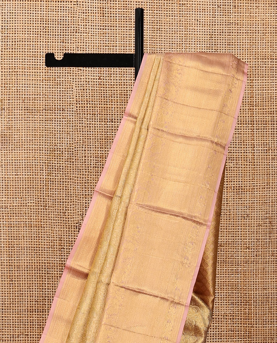 Gold Kanchipuram Tissue Silk Saree, Woven with Jacquard, Complemented by Contrast Zari Border of Thilakam, Kathir, Mayil, Yaanai, Kuyil Kann, and Kodi Visiry, Jaal Pallu, and Contrast Blouse