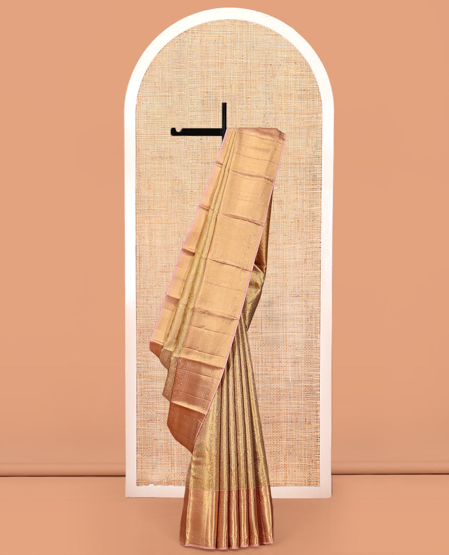 Gold Kanchipuram Tissue Silk Saree, Woven with Jacquard, Complemented by Contrast Zari Border of Thilakam, Kathir, Mayil, Yaanai, Kuyil Kann, and Kodi Visiry, Jaal Pallu, and Contrast Blouse