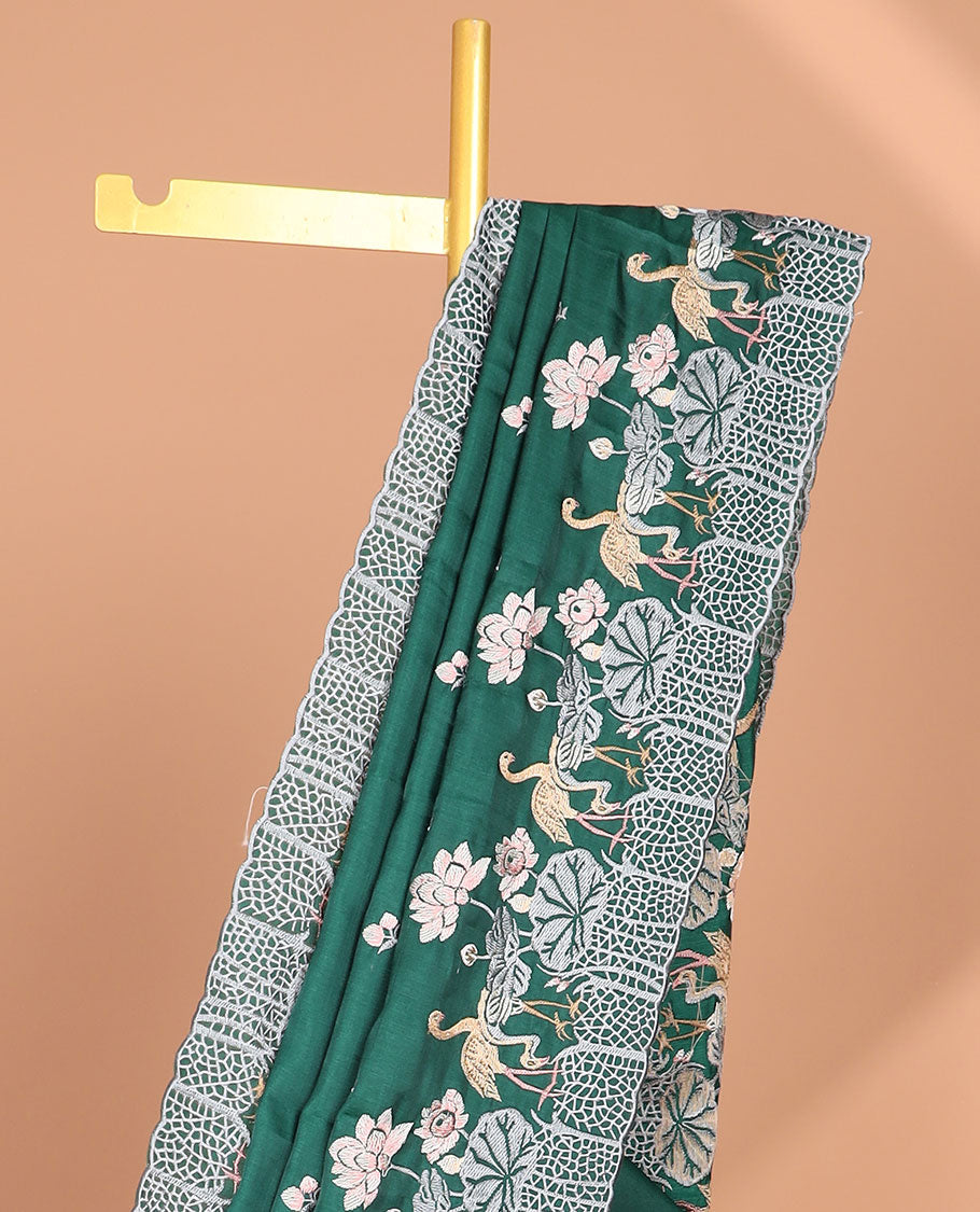 Green all-over floral motifs thread embroidery tussar silk saree with self floral, animal embroidery border