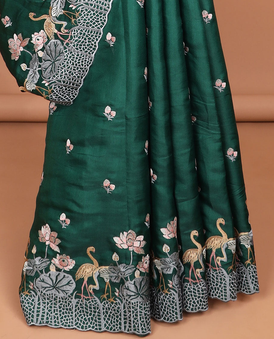 Green all-over floral motifs thread embroidery tussar silk saree with self floral, animal embroidery border