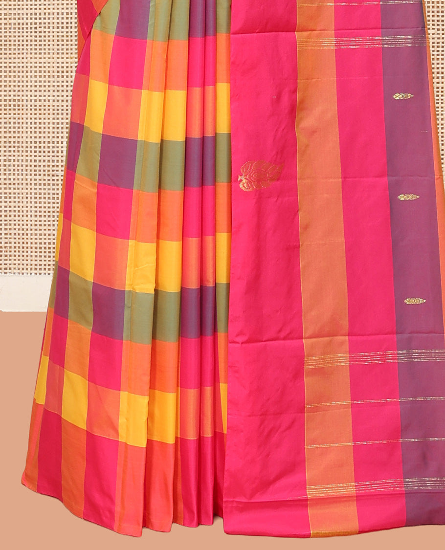Borderless Multi-Color Checked Arani Saree Features Zari Buttas, a Pallu of Zari Stripes, and a Matching Blouse