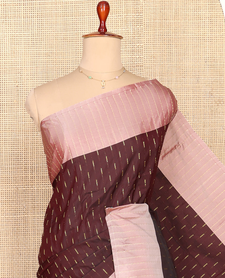 Brown Aarani Silk Saree, Featuring Zari Buttas All Over Its Body, Complemented by a Contrast Zari Striped Border, Pallu of Buttas, and Paired with a Matching Blouse