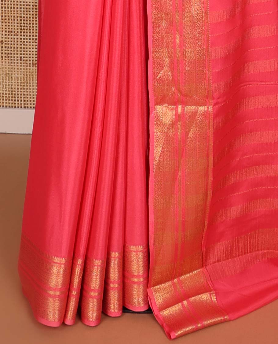 Peach mysore silk saree with self zari design border & striped pallu