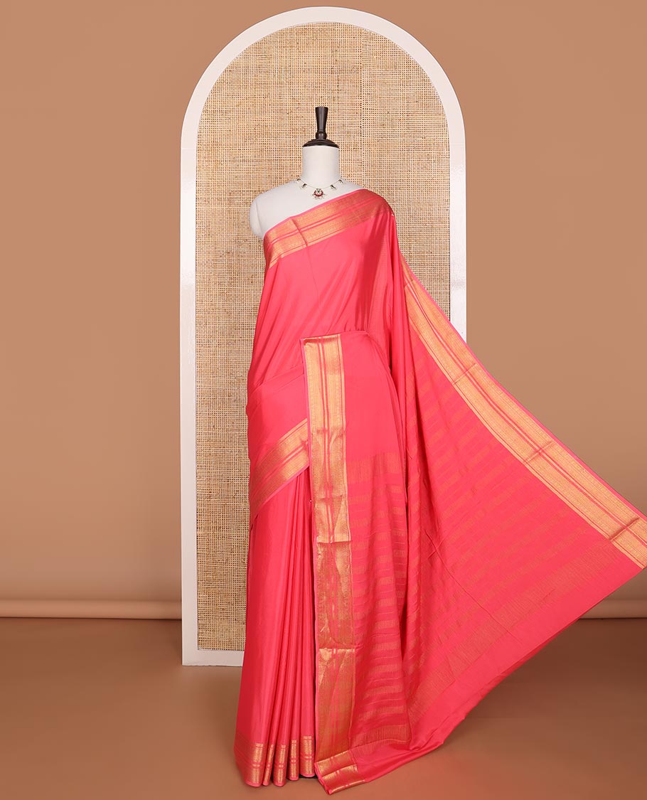 Peach mysore silk saree with self zari design border & striped pallu