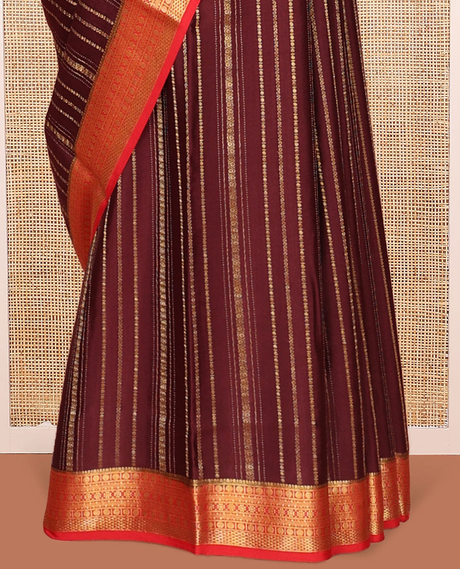 Brown Mysore Silk Saree, Spotlighted By Geometric Zari Designs All Over Its Body, Complemented by Captivating Contrast Border of Traditional Zari Designs, Gleaming Zari Striped Pallu, and Paired with a Contrast Blouse
