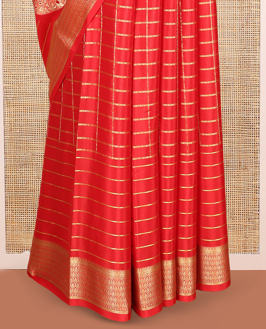 Red Mysore Silk Saree, Detailed with Zari Buttas and Stripes, Highlighted by a Traditional Zari Border, Grand Pallu, and a Matching Blouse