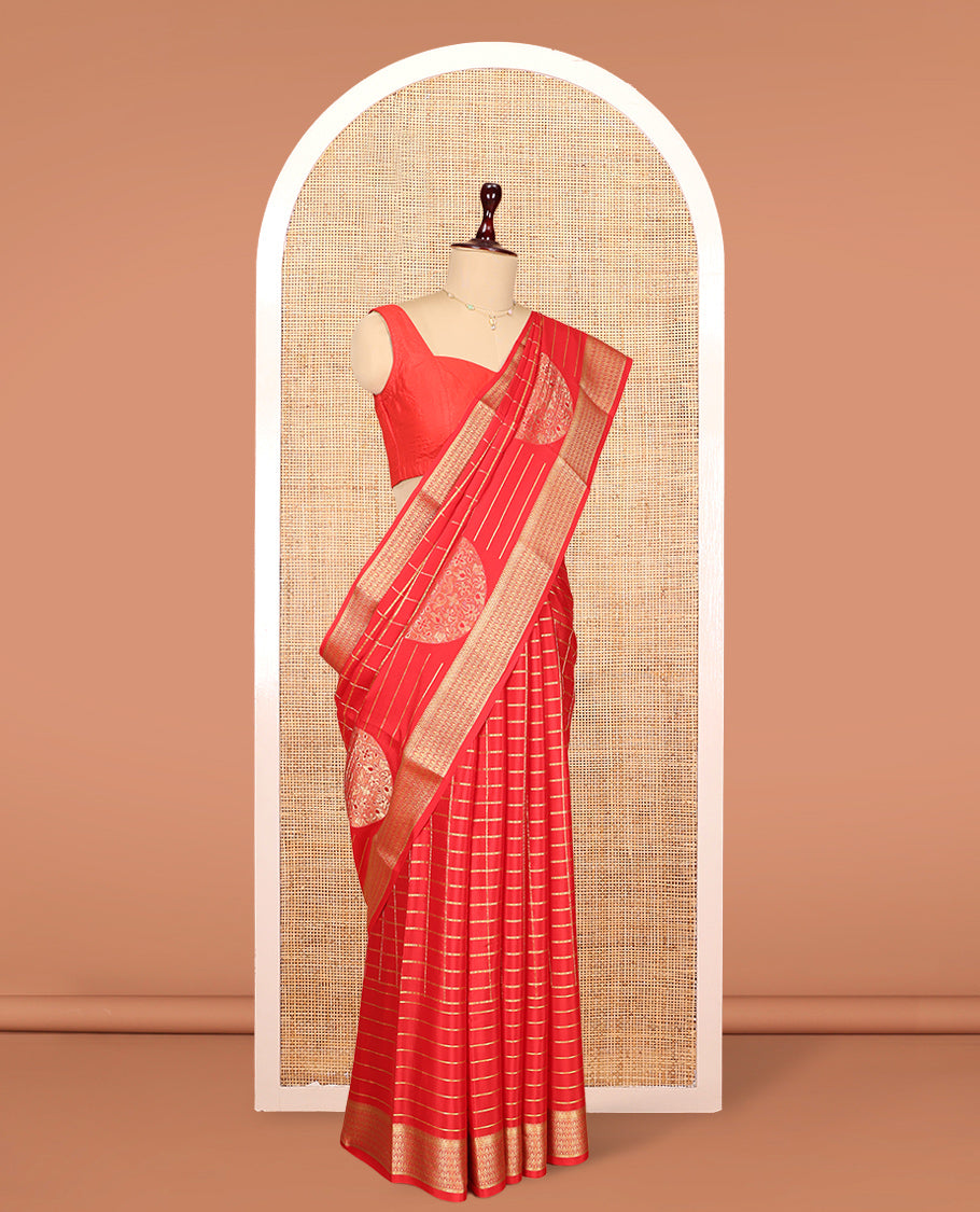 Red Mysore Silk Saree, Detailed with Zari Buttas and Stripes, Highlighted by a Traditional Zari Border, Grand Pallu, and a Matching Blouse
