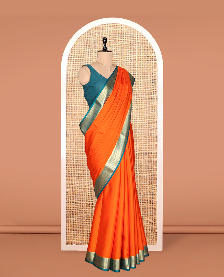 Orange Plain Mysore Silk Saree, Complemented by a Contrast Traditional Zari Border, Zari Design Pallu, and a Contrast Blouse
