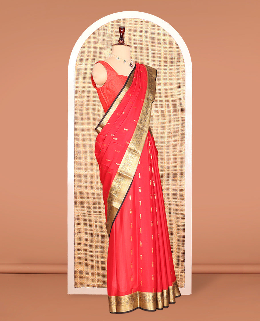 Red Zari Buttas Mysore Silk Saree, Complemented by a Contrast Traditional Zari Border, Intricately Designed Pallu, and a Contrast Blouse