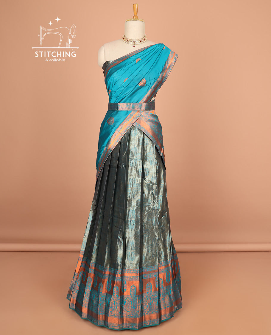 Green floral design half saree with contrast zari design border, zari design blouse & floral zari design dhavani