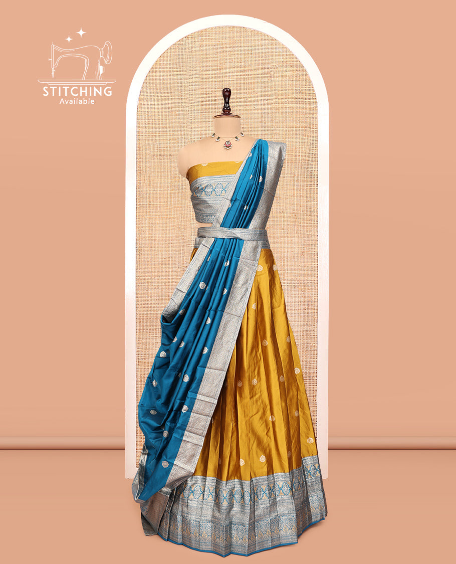 Mustard-Blue Banarasi Half-Saree, Elevated with Zari Buttas, a Contrast Traditional Zari Border, a Matching Blouse, and a Contrast Dhavani