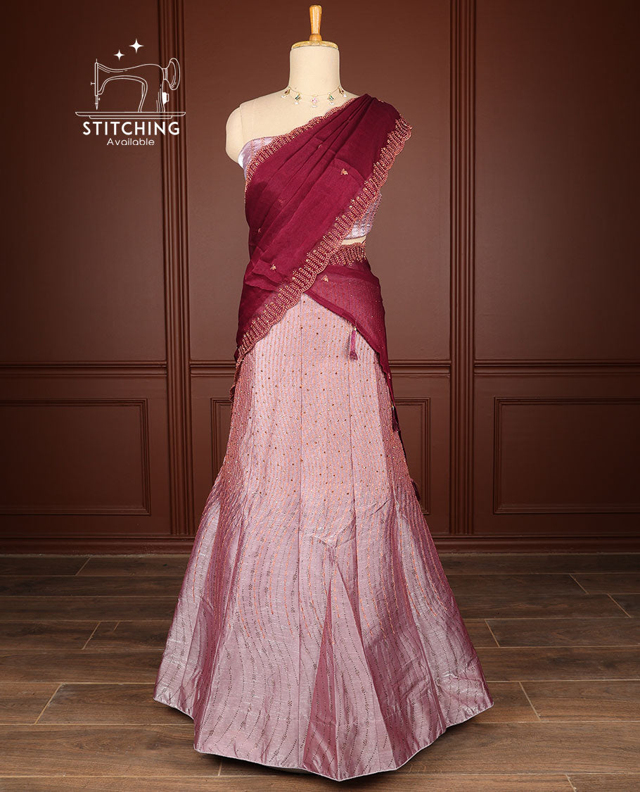 Mauve thread embroidery half saree with self border, thread embroidery blouse & floral embroidery scallop border dhavani