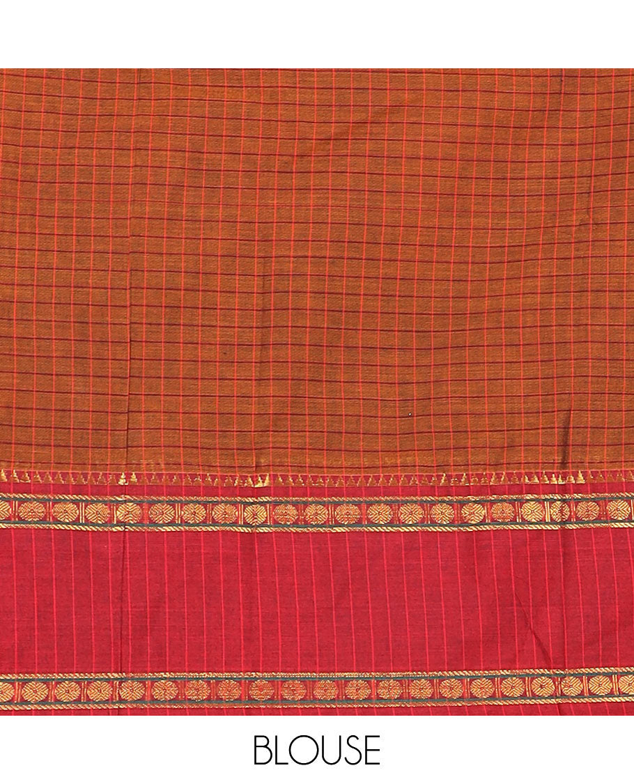 Rust cotton half-saree, checked with contrast traditional zari border skirt, matching blouse and a contrast zari piping bordered dhavani