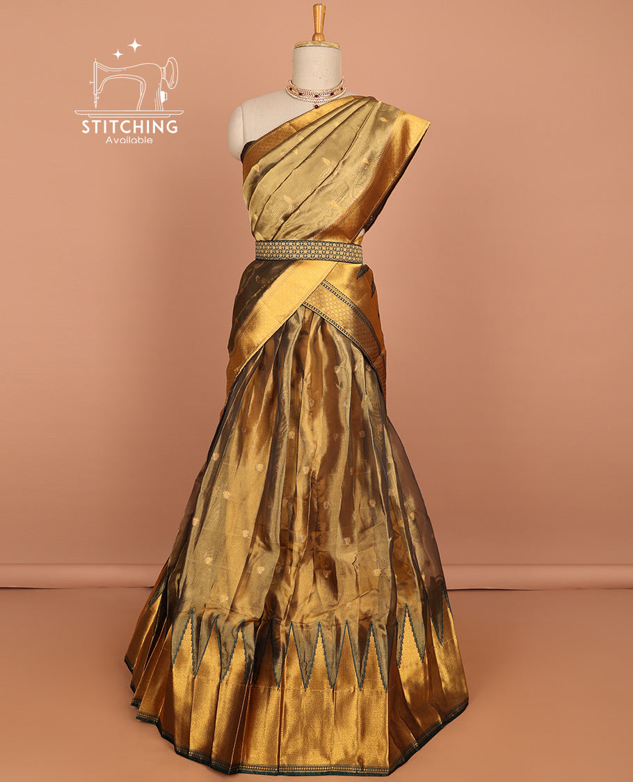 Brown buttas ploy cotton saree, contrast ikkat border, and pallu of stripes and buttas main image 1