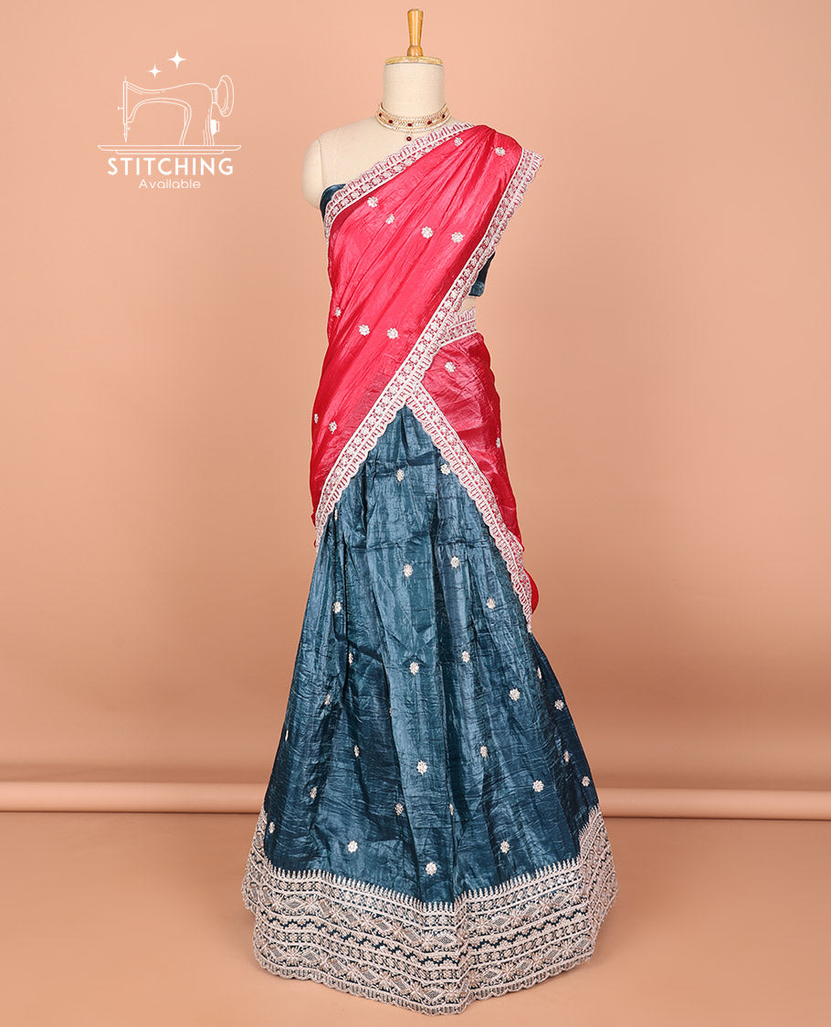 Grey floral buttas embroidered half saree with self embroidered border, floral buttas blouse & floral buttas , scallop border dhavani
