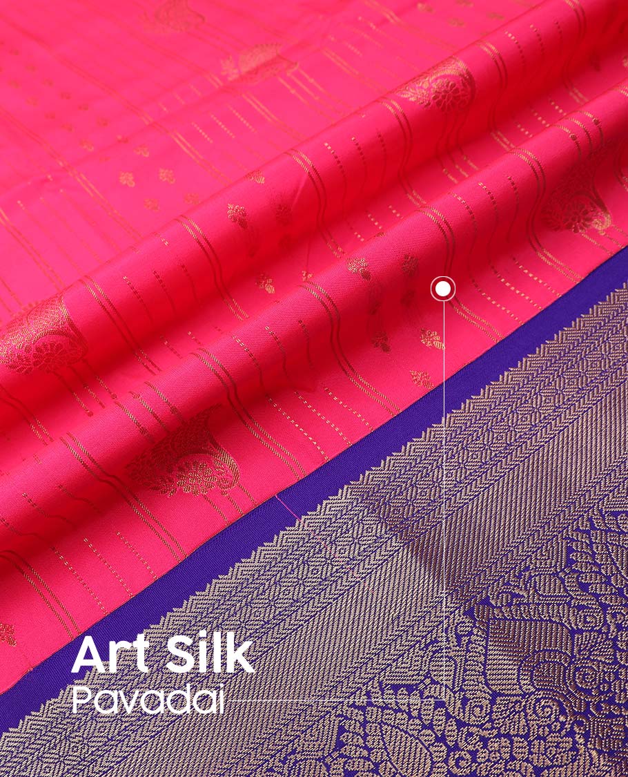 Pink art silk pavadai material, zari design with contrast traditional zari border skirt, and contrast blouse