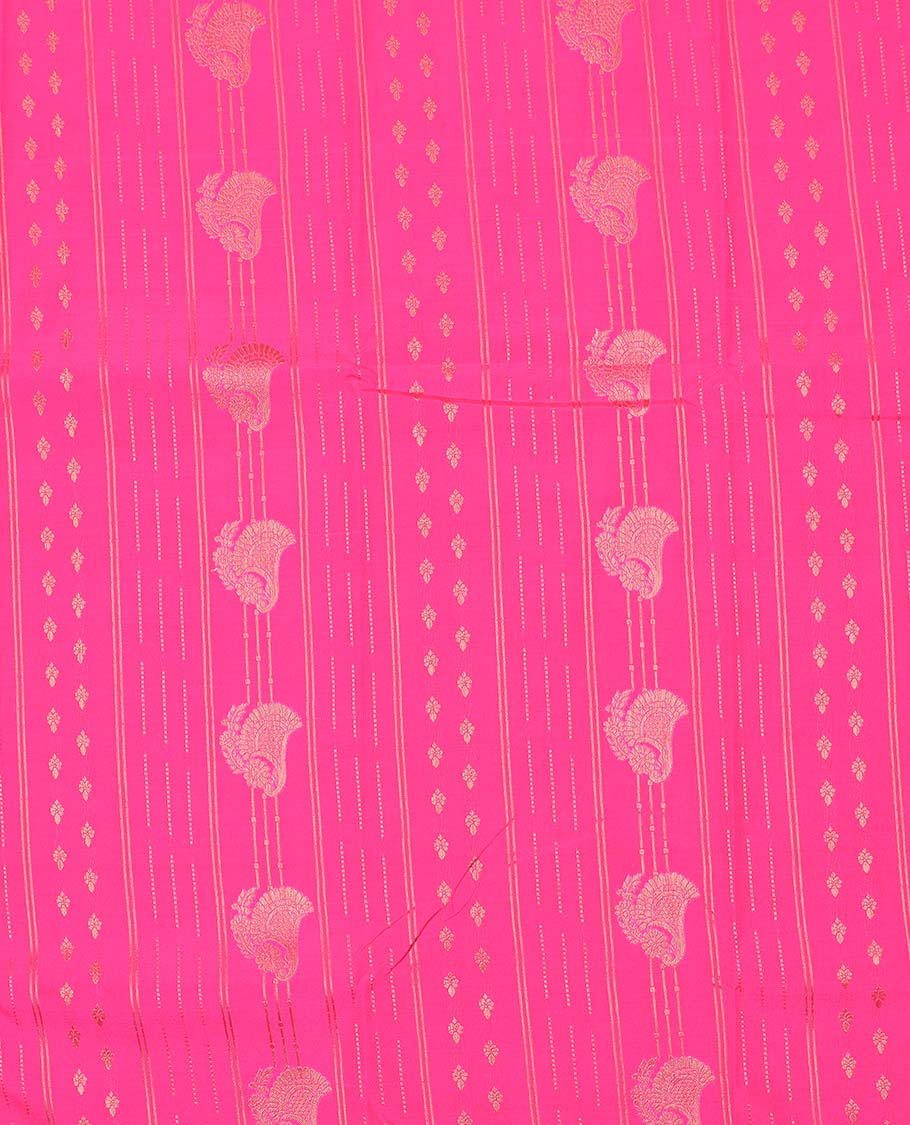 Pink art silk pavadai material, zari design with contrast traditional zari border skirt, and contrast blouse