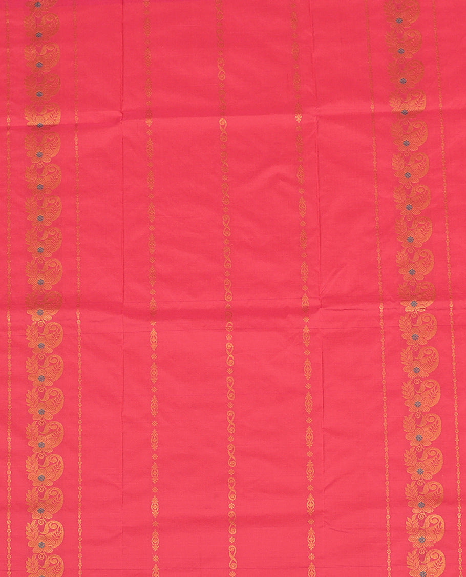 Pink Art Silk Pavadai Material Set, Woven with Zari Designs on Its Skirt, Complemented by a Contrast Floral Creeper Zari Border, and a Matching Blouse