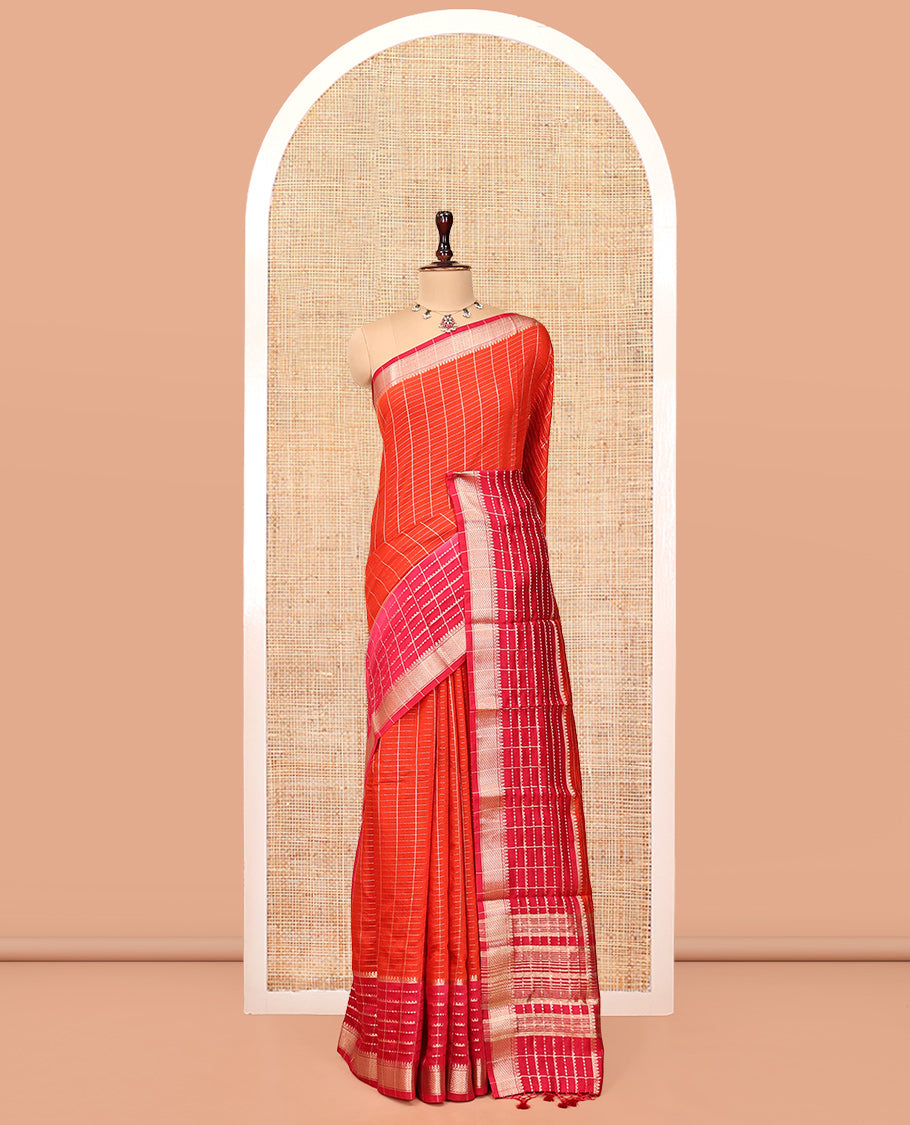 Orange Assam Silk Saree, Masterfully Woven with Zari Checks, Highlighted by a Traditional Zari Border, Striped Pallu, and a Matching Blouse