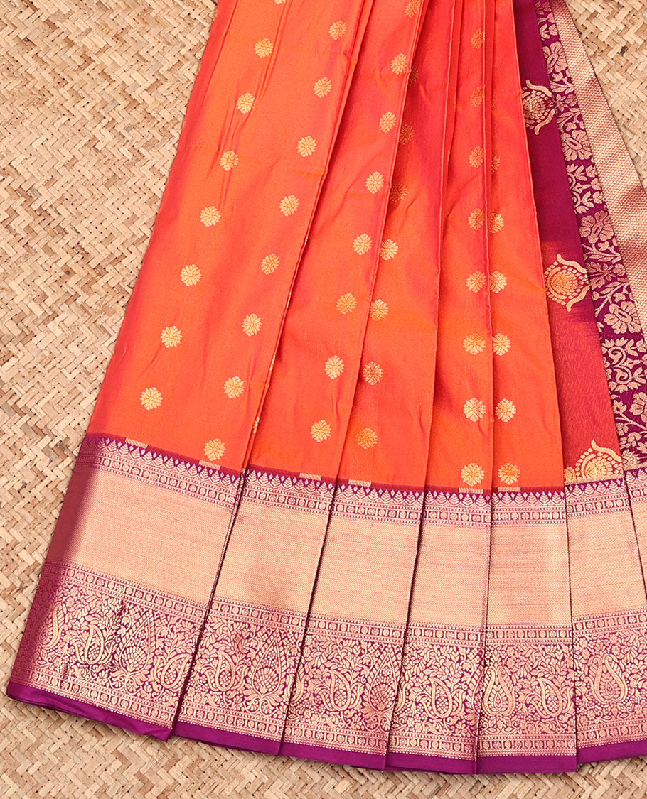 Orange Budget Silk Saree, Decorated with Zari Buttas All Over Its Body, Complemented by a Contrast Traditional Zari Border, Grand Pallu, and Paired with a Contrast Blouse