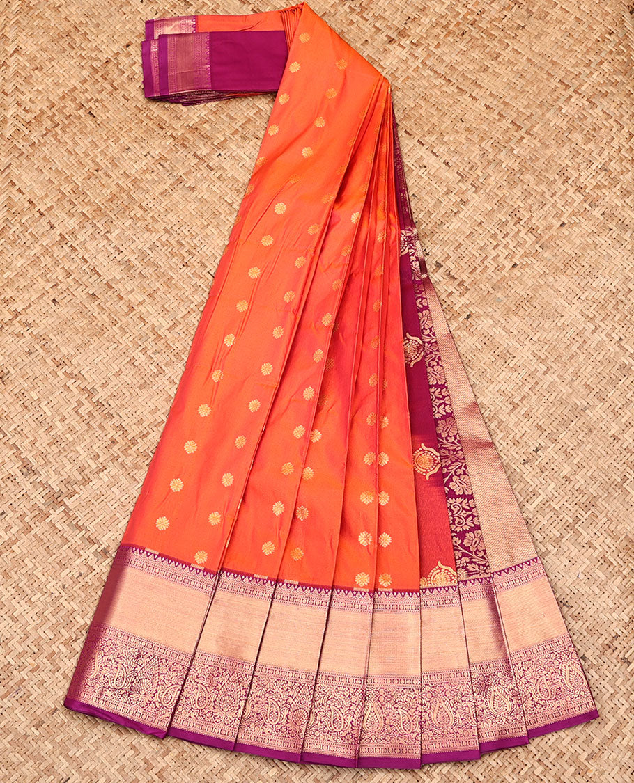 Orange Budget Silk Saree, Decorated with Zari Buttas All Over Its Body, Complemented by a Contrast Traditional Zari Border, Grand Pallu, and Paired with a Contrast Blouse