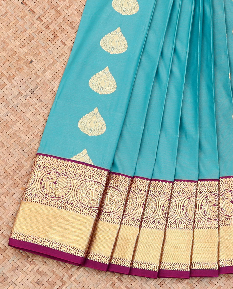 Blue Budget Silk Saree, Woven with Zari Buttas on Its Body, Complemented by a Contrast Traditional Zari Design Border, Grand Jaal Pallu, and Paired with a Contrast Blouse
