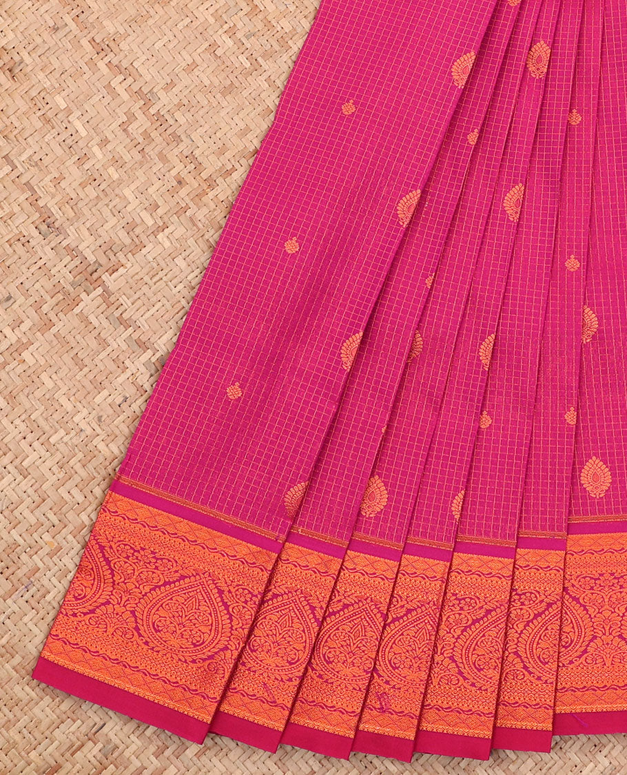 Pink Budget Silk Saree, Adorned with Zari Butta and Checks All Over Its Body, Highlighted by an Intricate Design Border, Jaal Pallu, and Paired with a Matching Blouse
