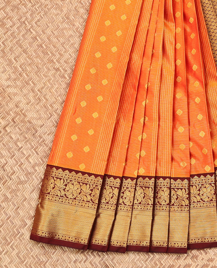Orange Budget Silk Saree, Adorned with Zari Buttas on Its Body, Complemented by a Contrast Traditional Zari Design Border, Grand Pallu, and Paired with a Contrast Blouse