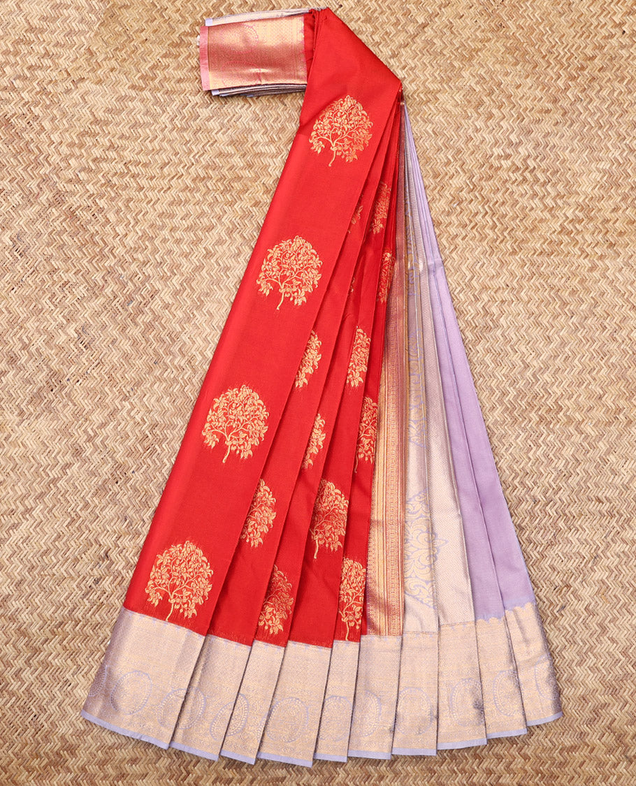 Orange Budget Silk Saree, Finely Crafted with Tree Buttas, Complemented by a Contrast Traditional Zari Border, Intricate Pallu, and a Contrast Blouse