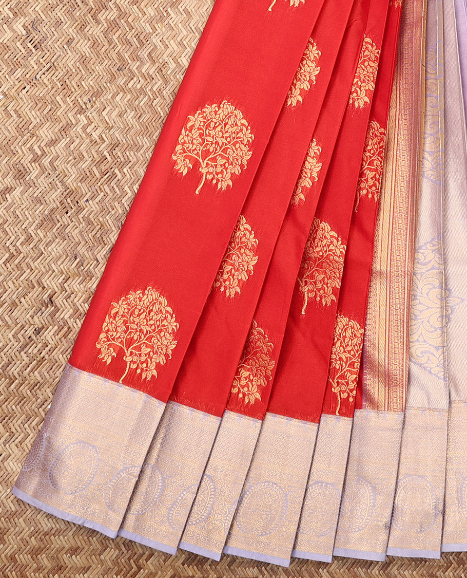 Orange Budget Silk Saree, Finely Crafted with Tree Buttas, Complemented by a Contrast Traditional Zari Border, Intricate Pallu, and a Contrast Blouse
