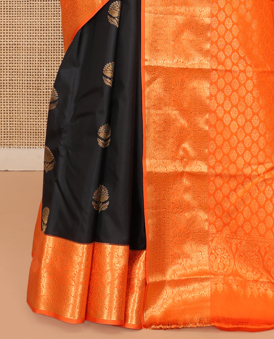 Black Budget Silk Saree, Embellished with Zari Buttas, Complemented by a Contrast Traditional Zari Border, Grand Pallu, and Contrast Blouse