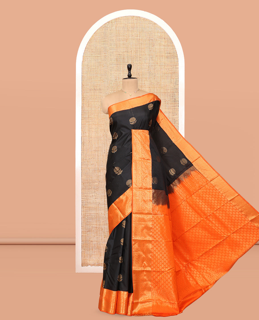 Black Budget Silk Saree, Embellished with Zari Buttas, Complemented by a Contrast Traditional Zari Border, Grand Pallu, and Contrast Blouse